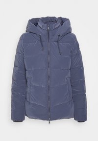Puffer jacket in dark navy, with a zip front, hood, and stitched panels; made of smooth, water-resistant material with elastic cuffs.
