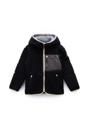 Czarna kurtka polarowa z kapturem, kremową lamówką, zapinana na suwak z przodu, z szarą kieszenią na piersi. Posiada boczne kieszenie na zamek oraz teksturowaną tkaninę.