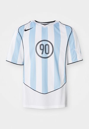 White and light blue striped soccer jersey with a V-neck, short sleeves, and black accents. Features a circular 90 graphic on the front.