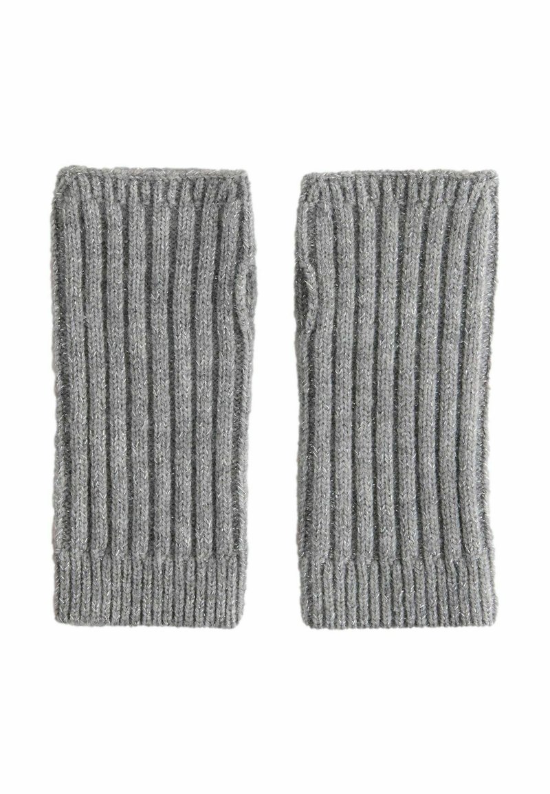 Scaldamuscoli grigi lavorati a maglia con una texture a coste, realizzati in un tessuto morbido e aderente. Ogni scaldamuscolo ha un design aperto.