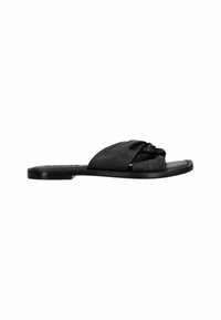 Zwarte leren slipper met een geknoopt bovenwerk, platte zool en een gladde textuur. Minimalistisch en zonder opsmuk.