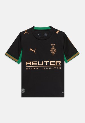 Crni sportski dres s kratkim rukavima sa zelenim naglascima, zlatnim Puma logotipima, grbom Borussije Mönchengladbach i tekstom sponzora "REUTER BÄDER LEUCHTEN".