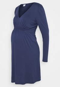 Mörkblå långärmad gravidklänning med V-ringning och rynkad elastisk midjedetalj.