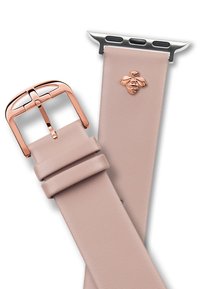 Pink leather watch strap with a shiny silver buckle and a bee emblem. Features a smooth texture and securing holes on the strap.