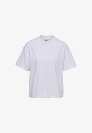 Effen wit T-shirt met korte mouwen en ronde hals, losse pasvorm en subtiel merklogo op de linkerborst.