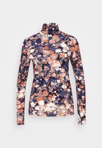 Langärmliges Turtleneck-Oberteil mit einem mehrfarbigen Blumenmuster in den Farben Marineblau, Orange und Weiß, aus einem weichen, dehnbaren Stoff.