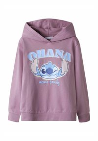 Felpa lilla con grafica frontale che raffigura un personaggio dei cartoni animati, con il testo "OHANA significa famiglia" e polsini e orlo a costine.