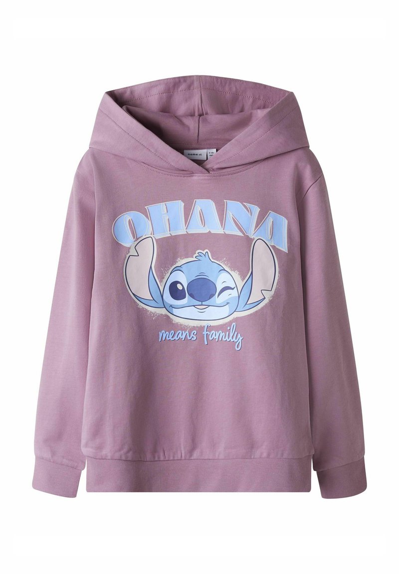 Felpa lilla con grafica frontale che raffigura un personaggio dei cartoni animati, con il testo "OHANA significa famiglia" e polsini e orlo a costine.