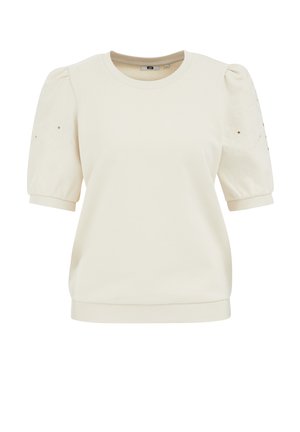 Sweatshirt crème avec des manches courtes bouffantes, des poignets et un ourlet côtelés, ornée d'une broderie subtile sur les manches. Tissu doux et texturé.