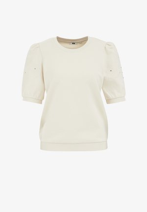 Kremowy sweter z krótkimi, bufkowymi rękawami, prążkowanymi mankietami i dołem, z subtelnymi haftami na rękawach. Miękka, teksturowana tkanina.