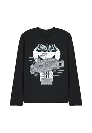 Schwarzes Langarmshirt mit einer Grafik des Punisher Battle Vans, die ein detailliertes, beschriftetes Schnittbild des Vans zeigt.