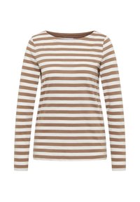 Langarm-T-Shirt aus weichem Stoff mit horizontalen braunen und weißen Streifen, weit ausgeschnittenem Halsausschnitt und lockerem Schnitt.