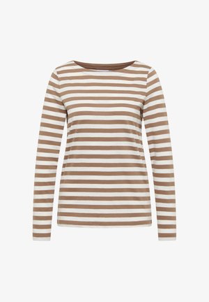 Långärmad T-shirt i mjukt tyg med horisontella bruna och vita ränder, en bred halsringning och en avslappnad passform.