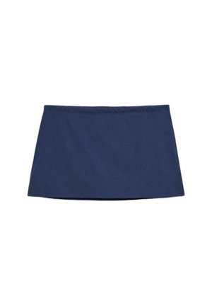 Enostavna mini krilo mornarsko modre barve z ravnim robom in gladkim materialom, prikazano položeno na ravno površino z belim ozadjem.