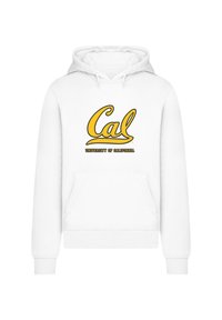 White hoodie featuring "Cal" in yellow cursive script and "UNIVERSITY OF CALIFORNIA" in black beneath. Includes kangaroo pocket and ribbed cuffs.