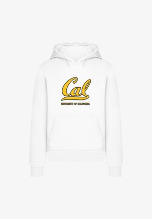 White hoodie featuring "Cal" in yellow cursive script and "UNIVERSITY OF CALIFORNIA" in black beneath. Includes kangaroo pocket and ribbed cuffs.
