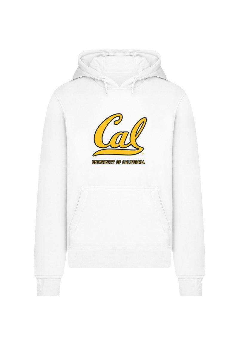 White hoodie featuring "Cal" in yellow cursive script and "UNIVERSITY OF CALIFORNIA" in black beneath. Includes kangaroo pocket and ribbed cuffs.
