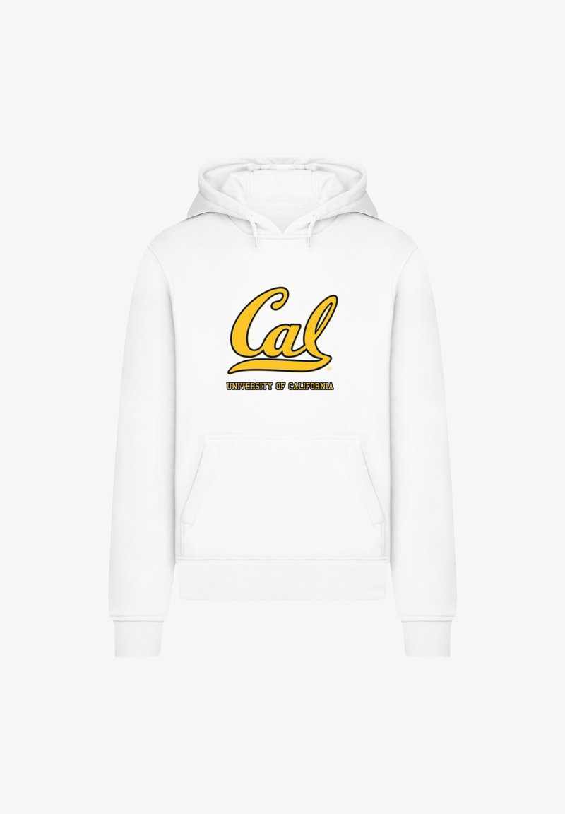 White hoodie featuring "Cal" in yellow cursive script and "UNIVERSITY OF CALIFORNIA" in black beneath. Includes kangaroo pocket and ribbed cuffs.