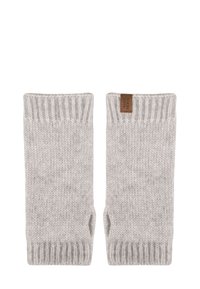 Guanti fingerless grigi chiaro lavorati a maglia con polsini a coste e una piccola etichetta in pelle marrone con il nome del marchio. Texture morbida.