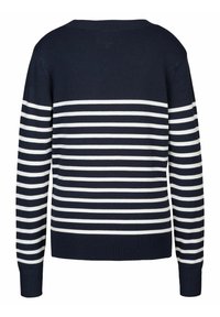 Gestreifter Pullover in Marineblau und Weiß mit geripptem Rundhalsausschnitt und Bündchen, wodurch horizontale Streifen in wechselnder Breite entstehen. Weiche Strickoptik.