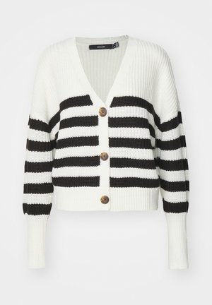 Zwart-wit gestreepte cardigan met een v-hals, drie bruine knopen en een ribbelstructuur. Heeft lange mouwen en een cropped fit.