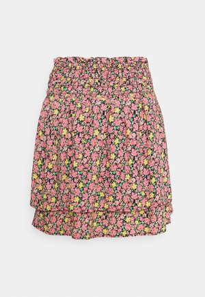 Floral skirt with layered ruffles, elastic waistband, and pink, yellow, and green small flower pattern on black background.