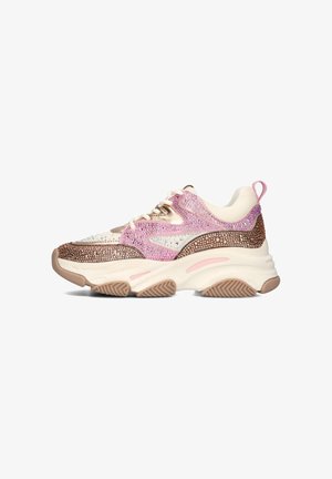 Chunky sneaker with white sole, pink, brown, and cream upper covered in small sparkling rhinestones, with lace closure and heel pull tab.