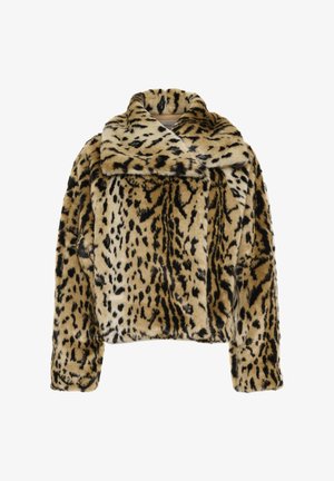 Kroppad jacka i faux päls med leopardmönster, bred krage, varm textur och design i beige med svarta och bruna detaljer.