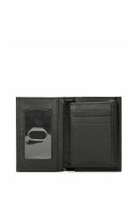 Czarny skórzany portfel otwarty, ukazujący przezroczystą kieszeń na identyfikator oraz wiele przegródek na karty. Gładka faktura, minimalistyczny design, brak widocznych elementów metalowych.