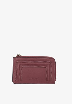Dark pink leather wallet with multiple stitched accents and a zipper closure. Features a smooth texture and embossed brand logo.