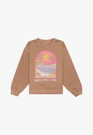Felpa marrone in cotone misto, con una stampa grafica di un tramonto e onde, con palme e il testo "ROXY SINCE 1990".