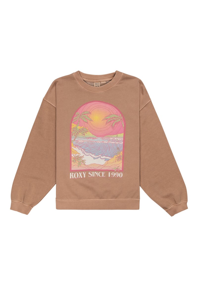Felpa marrone in cotone misto, con una stampa grafica di un tramonto e onde, con palme e il testo "ROXY SINCE 1990".