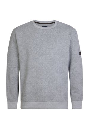 Grauer Pullover mit einem strukturierten Rautenmuster, rundem Halsausschnitt und gerippten Bündchen und Saum. Hergestellt aus einem weichen Stoff.