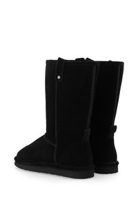 Black suede ankle boots with a smooth texture, round toe, vertical stitching, and a side button detail. Short, flat rubber soles.