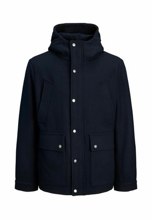 Marineblauer Wollmantel mit Kapuze, ausgestattet mit einem Druckknopfverschluss, zwei Fronttaschen und einer strukturierten Oberfläche. Taillierte Passform mit verstellbaren Manschetten.