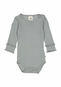 Šedé dětské bodýčko s dlouhým rukávem vyrobené z měkkého materiálu, s volánkovými manžetami, kulatým výstřihem a patentkami na spodní části.