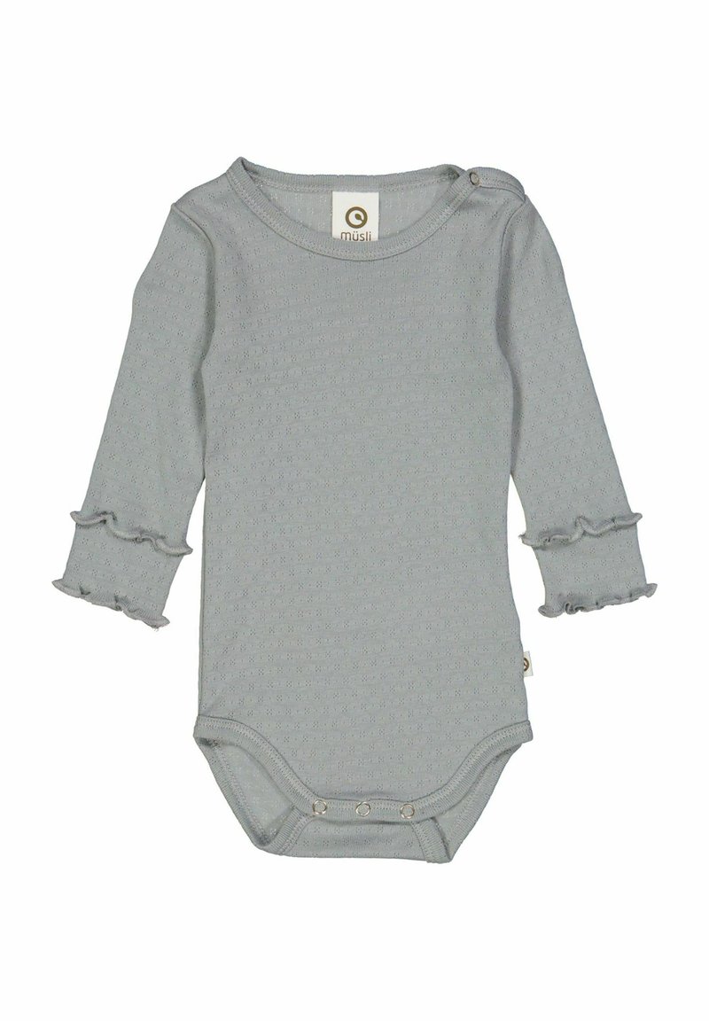 Šedé dětské bodýčko s dlouhým rukávem vyrobené z měkkého materiálu, s volánkovými manžetami, kulatým výstřihem a patentkami na spodní části.
