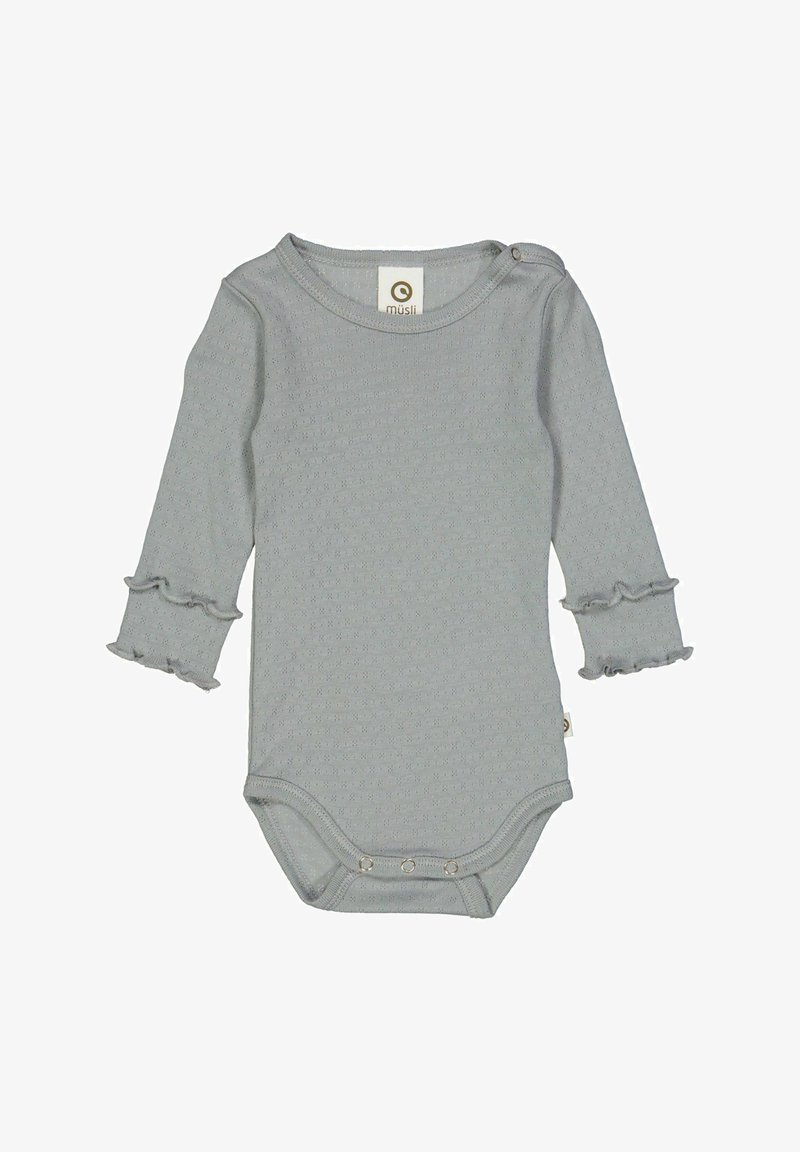 Šedé dětské bodýčko s dlouhým rukávem vyrobené z měkkého materiálu, s volánkovými manžetami, kulatým výstřihem a patentkami na spodní části.