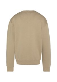 Beżowa bluza z okrągłym dekoltem i długimi rękawami, z prążkowanymi mankietami i ściągaczem w pasie. Miękka faktura, minimalistyczny design, bez widocznych logo ani wzorów.