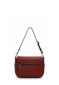 Red leather crossbody bag with a textured finish, featuring a zippered front pocket and a top handle with silver-tone hardware.
