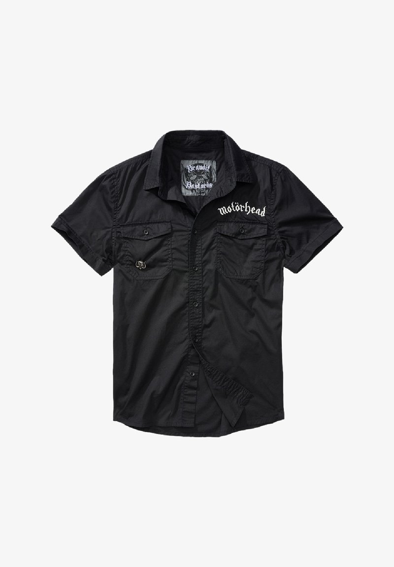 Camisa negra de manga corta con cierre de botones en la parte delantera, dos bolsillos en el pecho y "Motörhead" bordado en blanco en el hombro izquierdo.