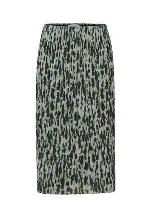 Een dierenprint rok met een zwart, groen en crèmekleurig palet. Elastische tailleband, knie-lengte, subtiele plooien, gladde stofstructuur.