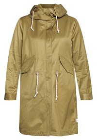Khaki pláštěnka s kapucí, stahovacími šňůrkami a dvěma bočními kapsami. Hladká, voděodolná tkanina s rovný, mírně oversize střih.