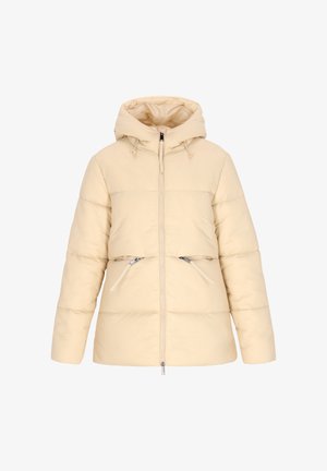 Puffermantel in Hellbeige mit Kapuze, ausgestattet mit einem Vorderreißverschluss, zwei Reißverschlusstaschen und einem gesteppten Design für Struktur.