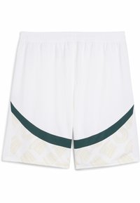 Shorts de sport blancs avec une bande d'accent vert foncé et un motif crème subtil au niveau de l'ourlet. Taille élastique incluse.