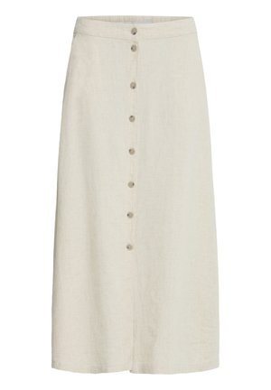 Bež suknja dužine do koljena ravnog kroja s prednjim zakopčavanjem na osam kopči.