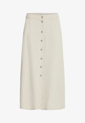 Beež põlvpikkune seelik sirge lõikega ja eest kaheksa nööbiga kinnitusega.