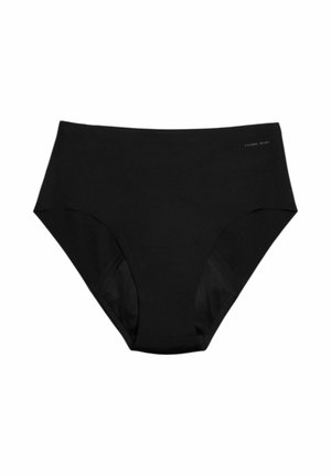 Braguitas de bikini negras de talle alto hechas de tela suave, con bordes sin costuras y un detalle sutil de logo en la cintura.