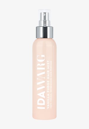 Plastic spray bottle for hair mist in soft pink with silver lid. Features white text labeling the product and its vegan attributes.
