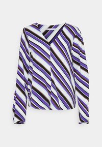Long-sleeve blouse in lightweight fabric with a V-neckline, featuring purple, black, and blue diagonal stripes on a white background.